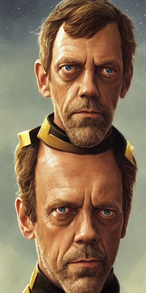 Image similar to portrait of Hugh Laurie wearing his starfleet captains uniform, close face shot, realistic character concept, high fantasy, light atmosphere, golden ratio, cinematic lighting, hyperdetailed, high resolution, insanely detailed and intricate, artstation, Marc Simonetti, Greg Rutkowski