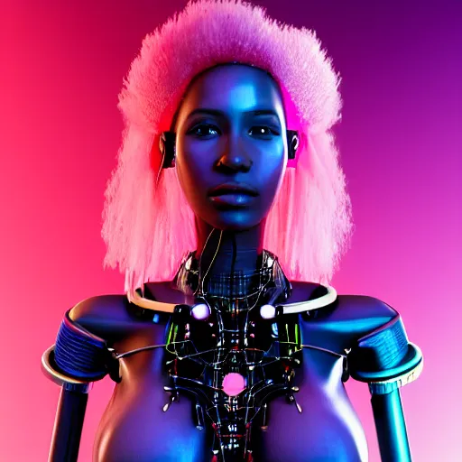 Image similar to portrait of a beautiful caribbean woman with pink hair as a cyberpunk cyborg half robot, revealing wires and electronics, circuit boards, wire management, sci - fi, missing panels, intricate abstract upper body intricate artwork, concept art, octane render, deviantart, cinematic, key art, hyperrealism, iridescent accents, portrait photograph, nikon 3 5 mm, photograph by greg rutkowski