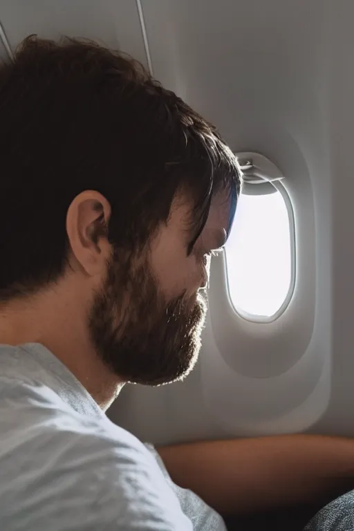 Prompt: passenger looking at window in airplane