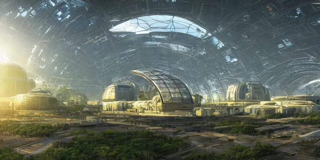 Prompt: solarpunk city, greenhouses, ilm, beeple, halo, mass effect, starship troopers, elysium