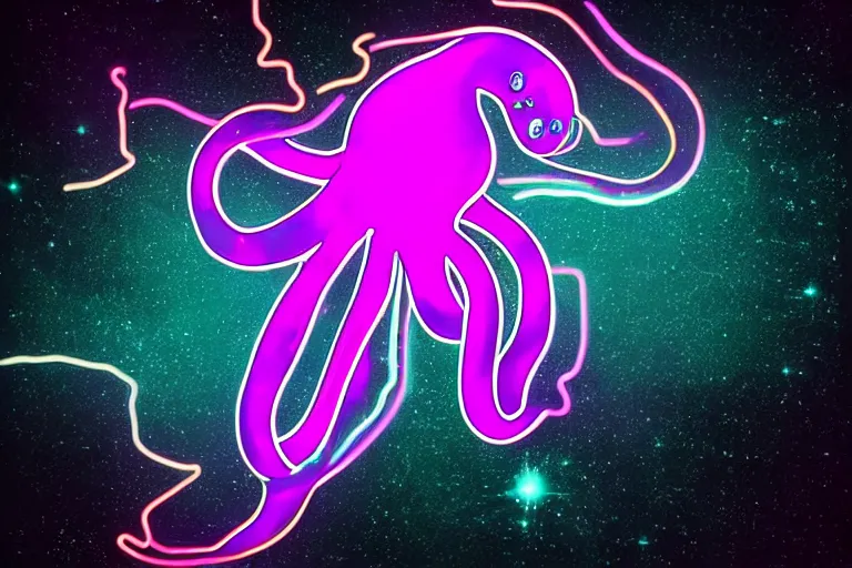 Prompt: digital art of a neon purple octopus floating in space by flooko, neon outline, sharp lines, blurry background (arcylic), ((synthwave)),