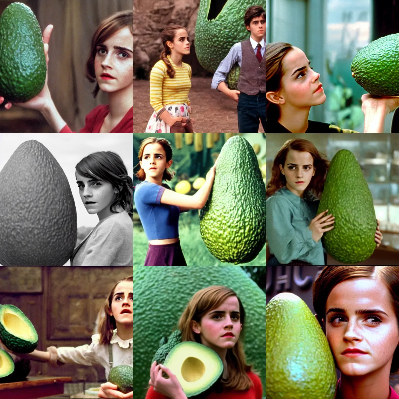 Prompt: movie still of emma watson and the giant avocado, by roald dahl