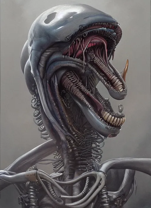 Image similar to a hyper detailed face portrait of ellen ripley becoming a xenomorph, by tom bagshaw, by zdzisław beksinski, trending on artstation