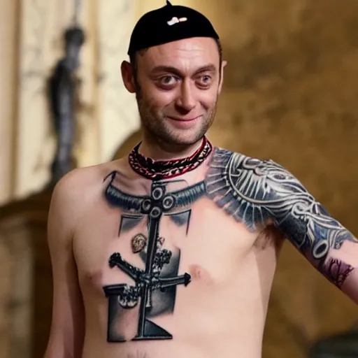 Men's black cross tattoo on chest