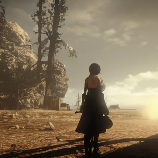 Image similar to Film still of 2B Nier Automata, from Red Dead Redemption 2 (2018 video game)