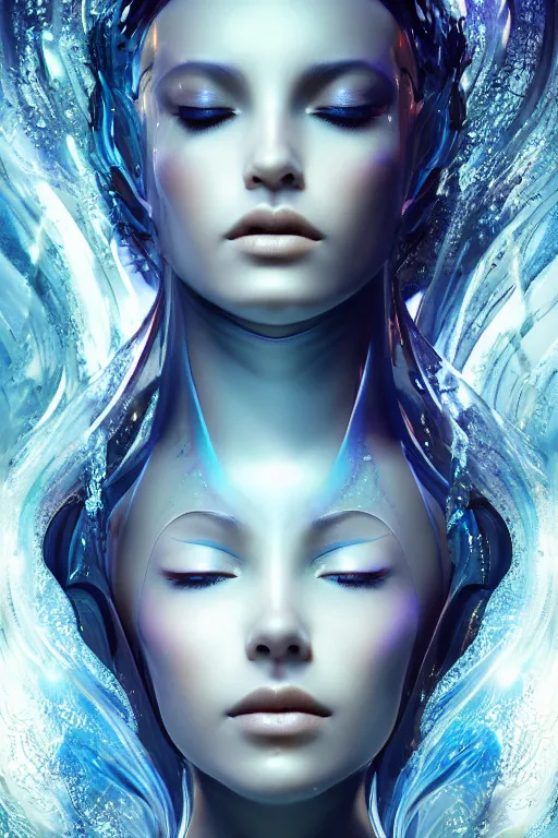 Image similar to a centered profile render of an alluring futuristic goddess with digital modifications surrounded by a underwater ink pour and flowing liquid gallium and complex sacred geometry, perfect body and face, powerful, cinematic, beautifully lit, by artgerm, by karol bak, 3 d, trending on artstation, octane render, 8 k