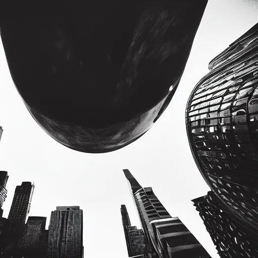 Prompt: A gigantic alien ship covers the whole sky, people in the city are looking up, a photo from the bottom up, art, gray color