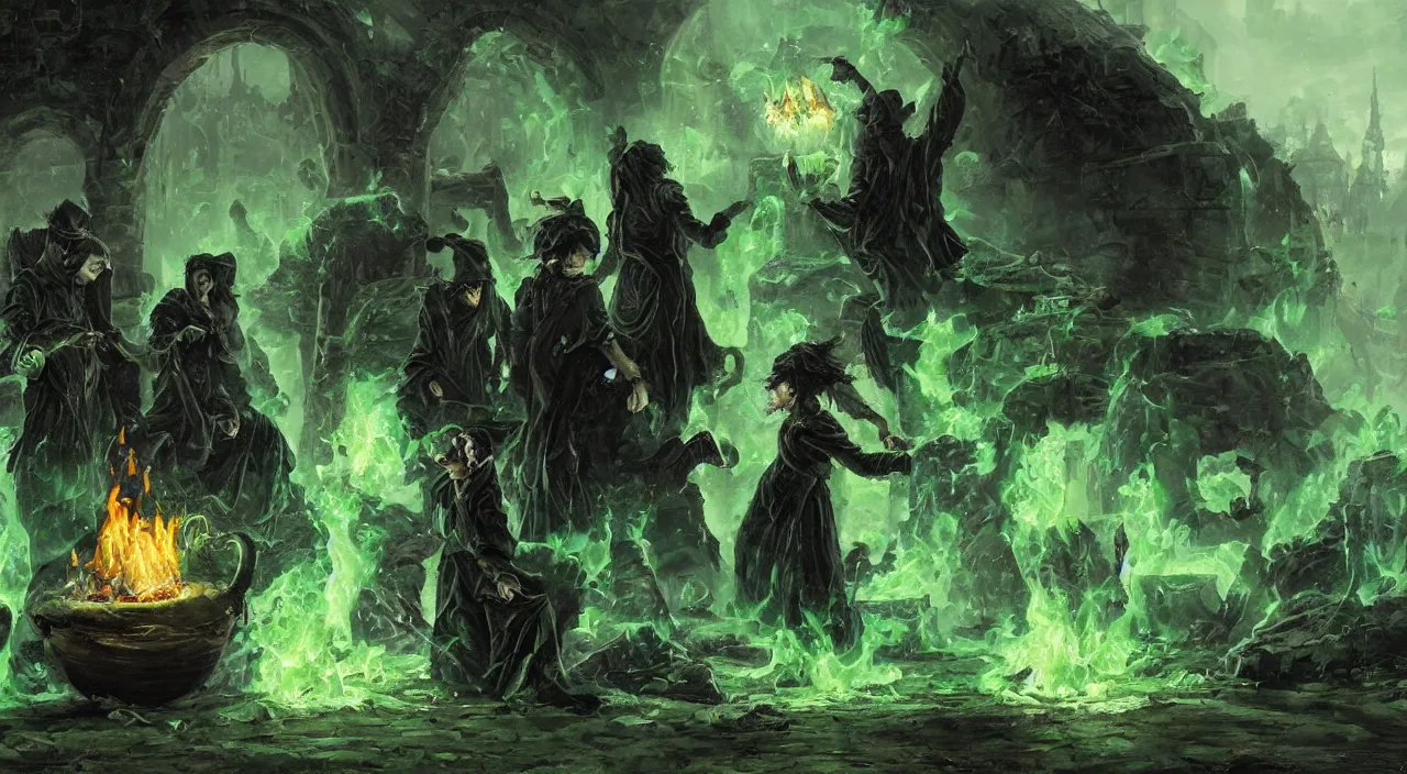 Prompt: A highly detailed oil painting by Greg Rutkowski of a group of sorcerers wearing black robes making a potion in a huge bubbling cauldron glowing bright green, with lots of fire coming from it, highly detailed fantasy concept artwork, very realistic, green and black color scheme, graffiti.