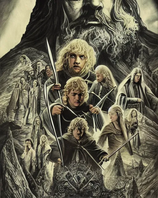 Image similar to lord of the rings poster done with art by tom jung