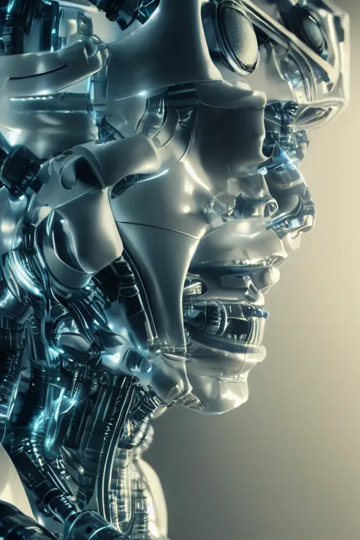 Image similar to closeup shot of a cyborg head, macro shot, dof, cinematic, volumetric lighting, studio shot, octane render, 4 k