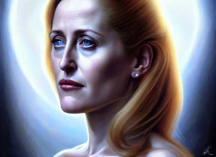 Image similar to portrait shot of young gillian anderson in x - files, intricate, elegant, highly detailed, centered, digital painting, artstation, concept art, smooth, sharp focus, illustration, artgerm, tomasz alen kopera, peter mohrbacher, donato giancola, joseph christian leyendecker, wlop, boris vallejo