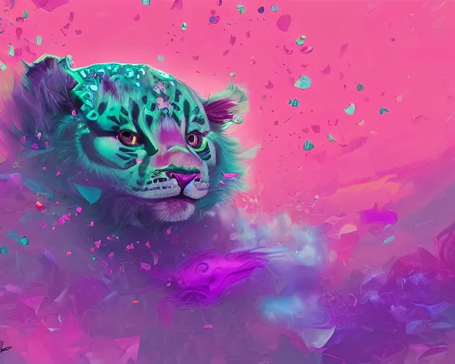 Prompt: falling jade cub with patterned sides falling melting to pieces on abstract pink and purple cloud background, illustration by ( kieran yanner ) ( miranda meeks ) ( anna podedworna ) ( cristi balanescu ), digital art