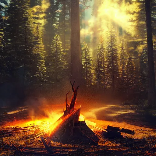 Image similar to a campfire in a surreal world, 8k resolution concept art hyperdetailed trending on Artstation Unreal Engine ominous photorealistic sunshine rays colourful beautiful bokeh ambient occlusion, dynamic lighting, stunning visuals, creative, concept art, trending on art station, ultra detailed