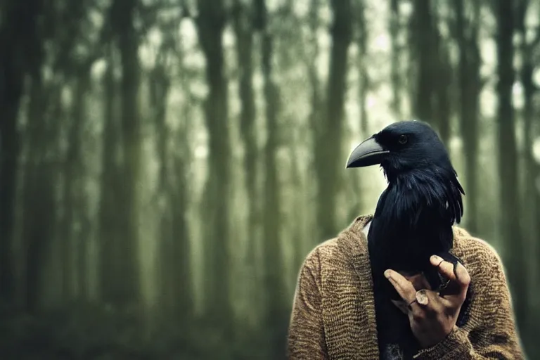 Image similar to !! human mixed with a crow, photograph captured in a dark forest