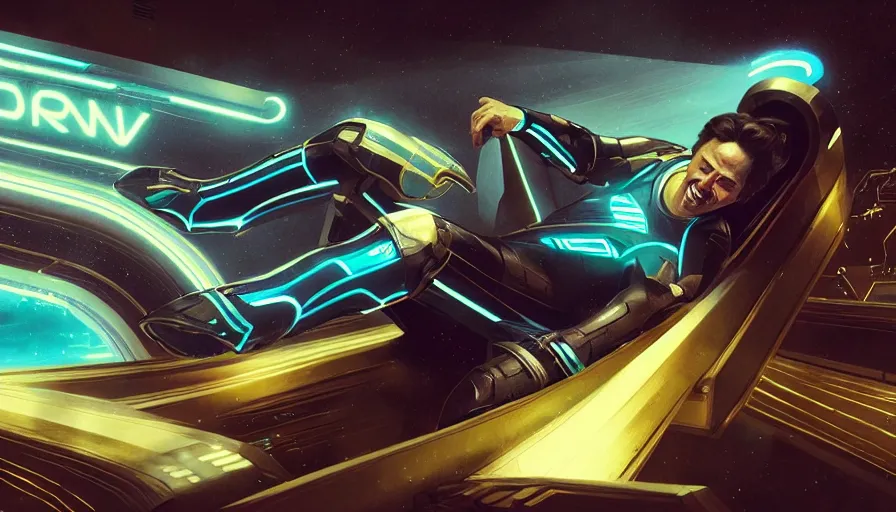 Image similar to tron legacy jesus riding waterslide, face closeup, laughing, diffuse lighting, hyper realistic, concept art, intricate, hyper detailed, smooth, sharp focus, illustration, trending on artstation, art by greg rutkowski and james gurney and alphonse mucha