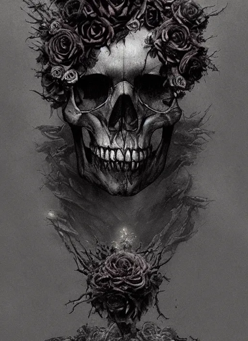 Prompt: skull surrounded by black roses, fog, cinematic shot, denis villeneuve movie still, wayne barlowe concept art, detailed, award - winning, by emil melmoth