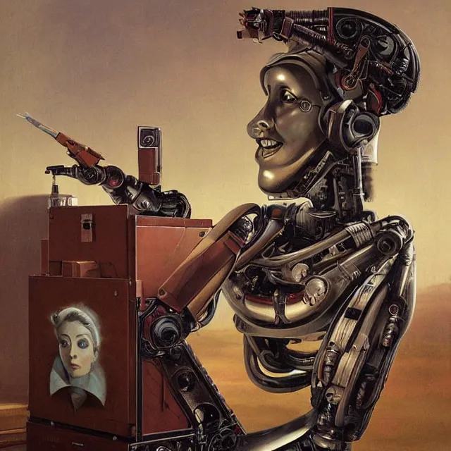 Prompt: robot artist painting a self - portrait on a canvas. intricate, highly detailed, digital matte painting in the style of gil elvgren and in the style of wayne barlowe. irony, recursion, inspiration.