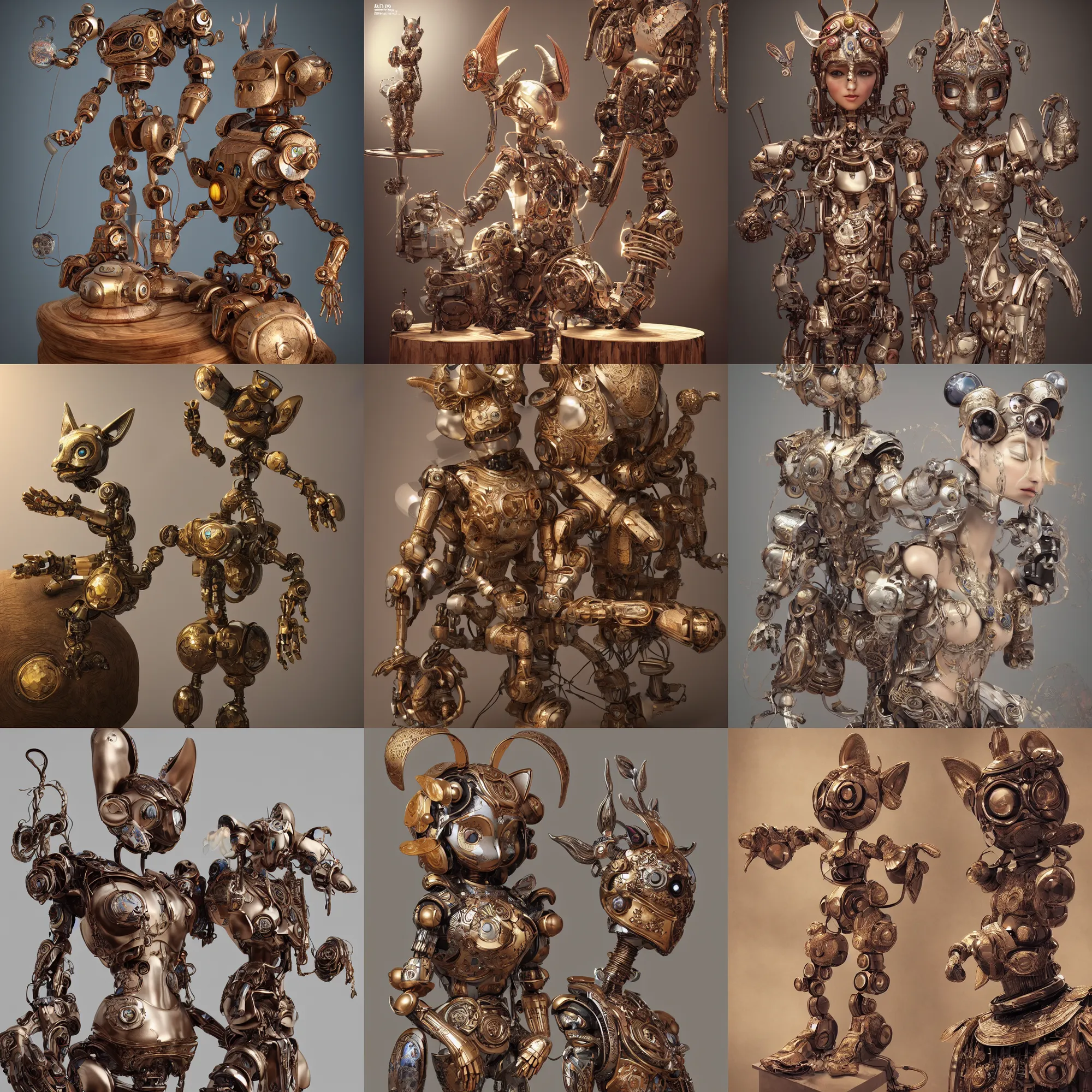 Prompt: 3 d octane render ultra 8 k photorealistic hyperdetailed unreal engine, a wooden sculpture art - toys on a pedestal a very cute mystical robot of the bohemian with cat's ears, concept art, trending on cgsociety, artwork masterpiece, in a contemporary art gallery in neo paris by alphosne mucha