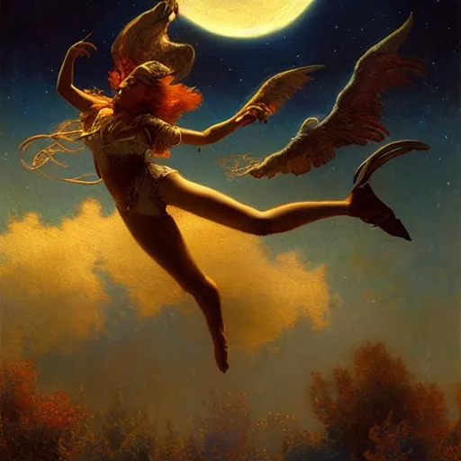 Image similar to witch magically flying trough the night, fantasy, full moon in background. highly detailed painting by gaston bussiere, craig mullins, j. c. leyendecker 8 k