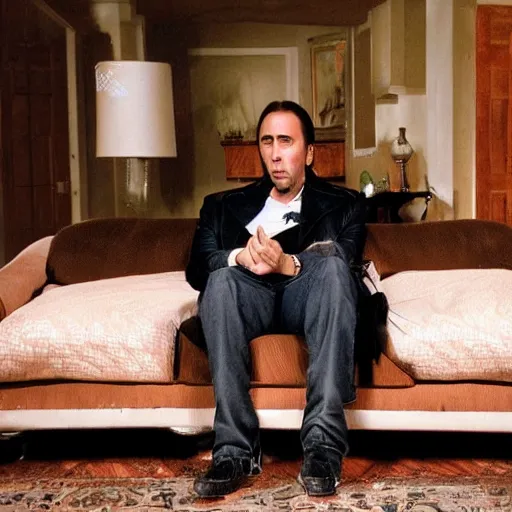 Image similar to nicolas cage smoking huge blunt on couch