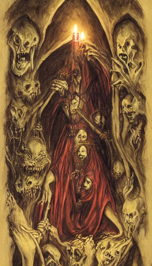 Image similar to dracula, gothic horror, by brian froud, candlelit catacombs