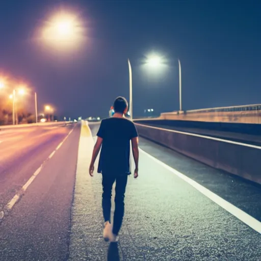 Prompt: young man walking on the highway at night