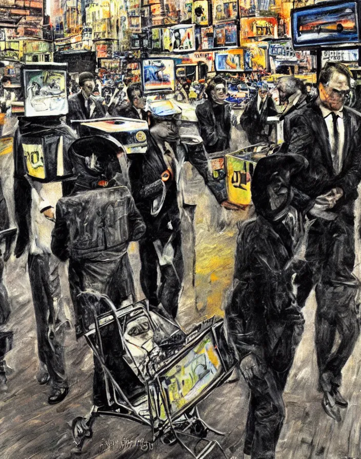 Prompt: 1970s midget street performers dressed in suits with cart tvs on their head, conteporary art show, photorealistic, expressionism, masterpiece, perfect composition, hyperrealistic, spectacular quality, intricate oil pastel glow, dynamic lighting, photorealistic, ambient lighting, atmospheric, stunning visuals, creative, cinematic, ultra detailed, trending on art station