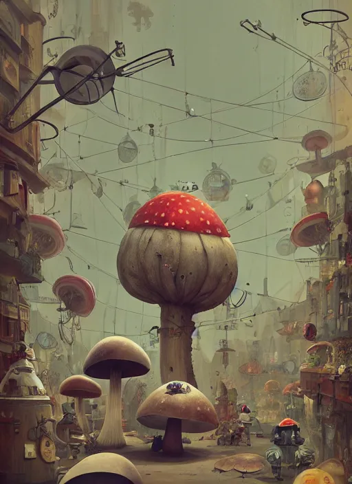 Image similar to a lively and whimsical dark apothecary, cinematic framing, where chrome robots shop grows from the stalk of a giant mushroom, cgsociety, siggraph, dystopian scifi, concept art, set design, oleg oprisco, conrad roset, anka zhuravleva, gediminas pranckevicius, cornell, kawasaki