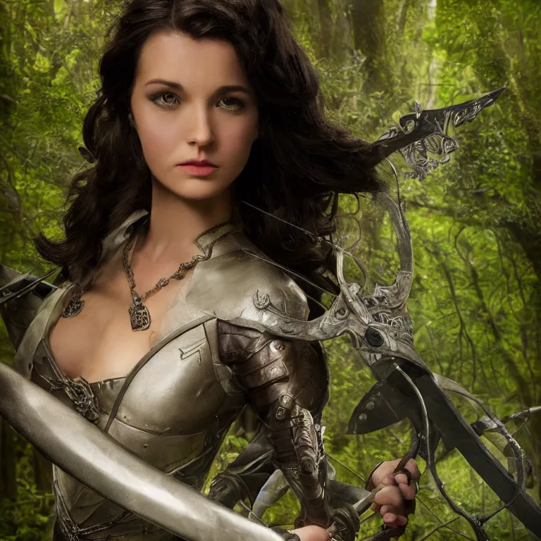 Prompt: 5 5 mm pin - up of an armored sexy anesthetic dark haired woman archer, in a magical forest in the style of lord of the rings, highly detailed 8 k. intricate. lifelike. soft light. nikon d 8 5 0. cinematic post - processing