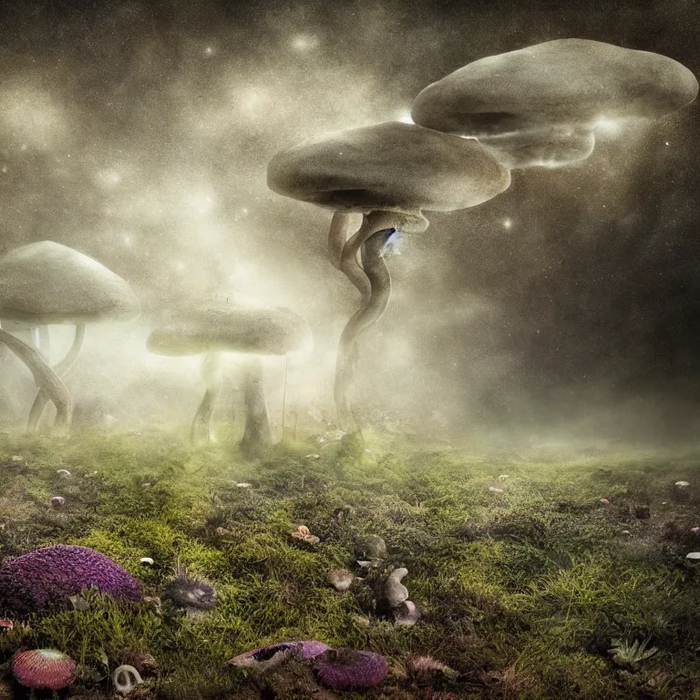 Image similar to a planet of various fungus, mushrooms and plants, inside the picture is infinity, Atmospheric phenomenon, artistic photography, muted colors, conceptual, long exposure outside the city, volumetric light