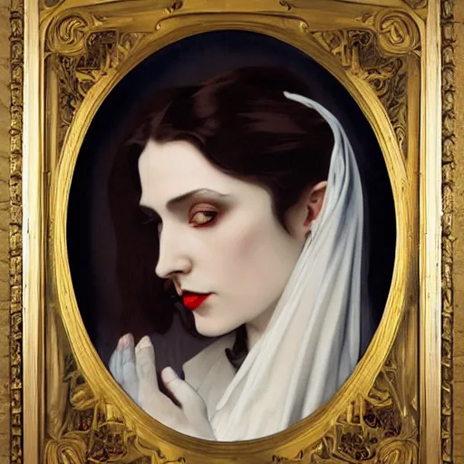 Image similar to A beautiful painting of a lady vampire, victorian, dracula, ominous, oil on canvas, photorealism, alphonse mucha, caravaggio, high definition, soft light