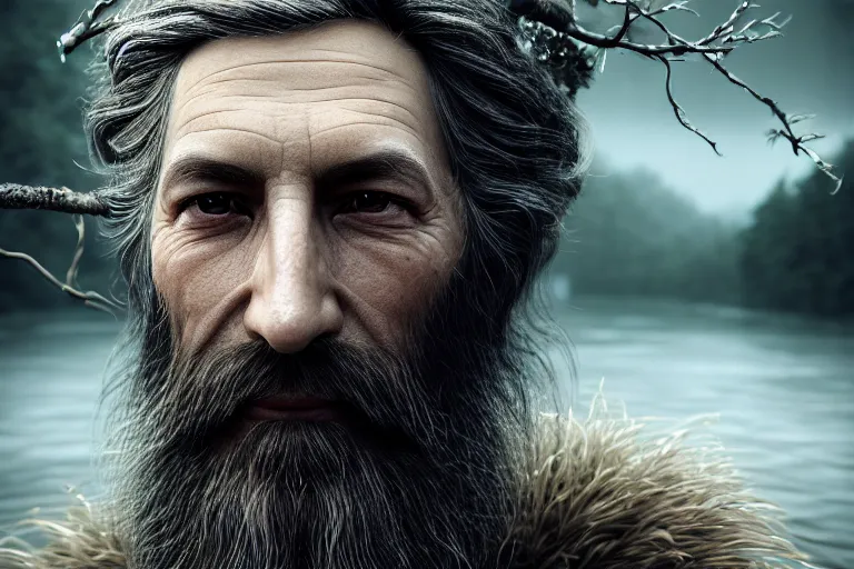 Prompt: ultra realistic, cinematic, headshot portrait, of a tree wizard, branches, facial features, background of a vast serene landscape, with trees and rivers, detailed, deep focus, movie still, dramatic lighting, ray tracing, by michal karcz and yoshitaka amano, rtx on, perfect face, intricate, sony a 7 r iv
