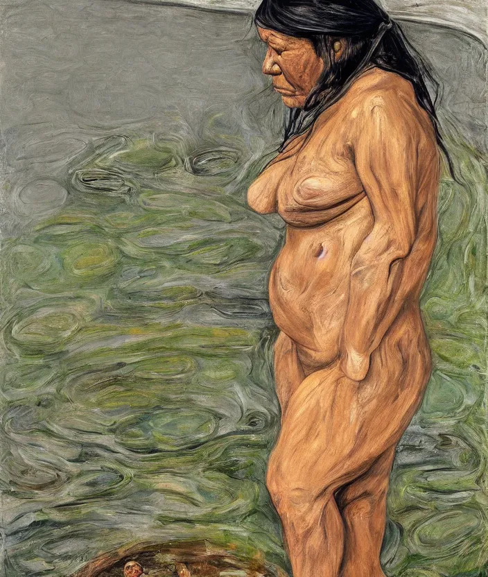 Image similar to indigenous woman standing in a pond, painted by lucian freud, hd, super detailed, realistic, muted colors