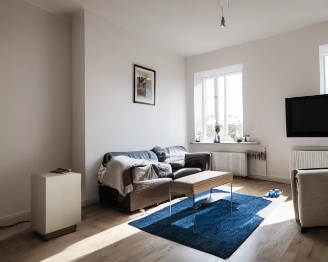 Image similar to Award winning photo of a living room with a TV of a flat abandoned a week ago, 4k, high quality