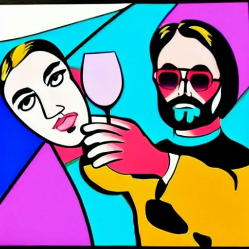 Prompt: pop art of Jesus wearing shades sipping wine and chilling