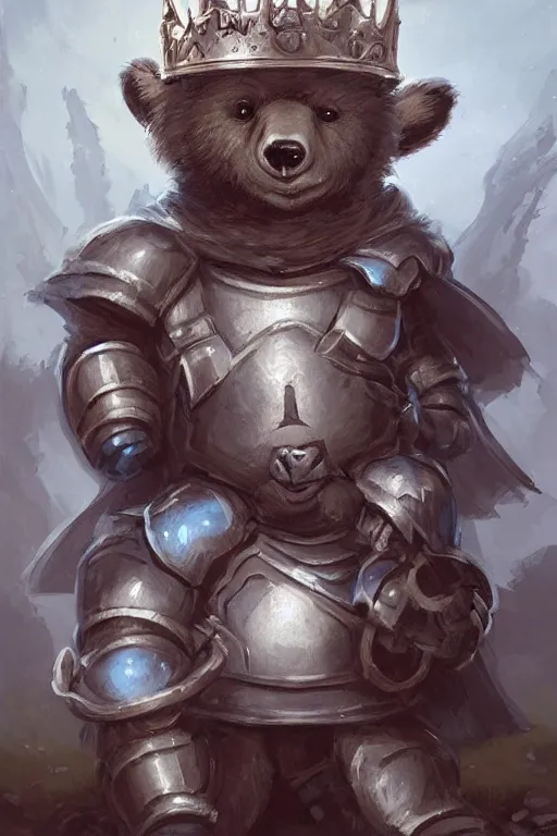 Image similar to cute little anthropomorphic bear knight wearing a cape and a crown, tiny, small, miniature bear, baby animal, short, pale blue armor, cute and adorable, pretty, beautiful, DnD character art portrait, matte fantasy painting, DeviantArt Artstation, by Jason Felix by Steve Argyle by Tyler Jacobson by Peter Mohrbacher, cinematic lighting