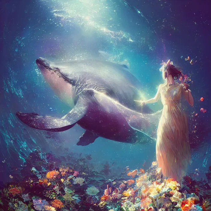 Image similar to glimmering whale, flowing dress, flowers, cosmos, milky way galaxy, golden hour, god rays, coral reef, dreamscape by artgerm and ruan jia and ismail inceoglu and greg olsen, masterpiece, beautiful, intricate, elegant, highly detailed