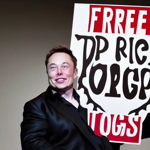 Image similar to Elon Musk holding a sign saying Free Hotdogs, highly detailed, high quality, HD, 4k, 8k, Canon 300mm, professional photographer, 40mp, lifelike, top-rated, award winning, realistic, sharp, no blur, edited, corrected, trending