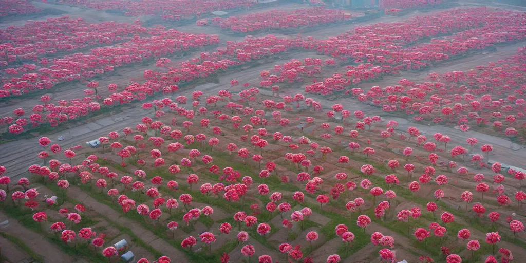 Image similar to a beautiful big field of rosses with in the background industry buildings with dirty smoke fire oil refinery, global illumination, by zeng fanzhi