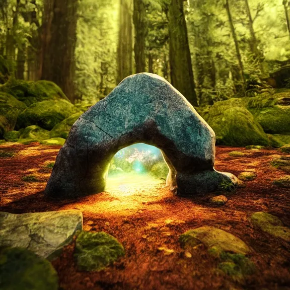 Image similar to magic stone portal in the forest, splash art, movie still, cinematic lighting, dramatic, octane render, extreme close-up, long lens, shallow depth of field, bokeh, anamorphic lens flare, 8k, hyper detailed, 35mm film grain