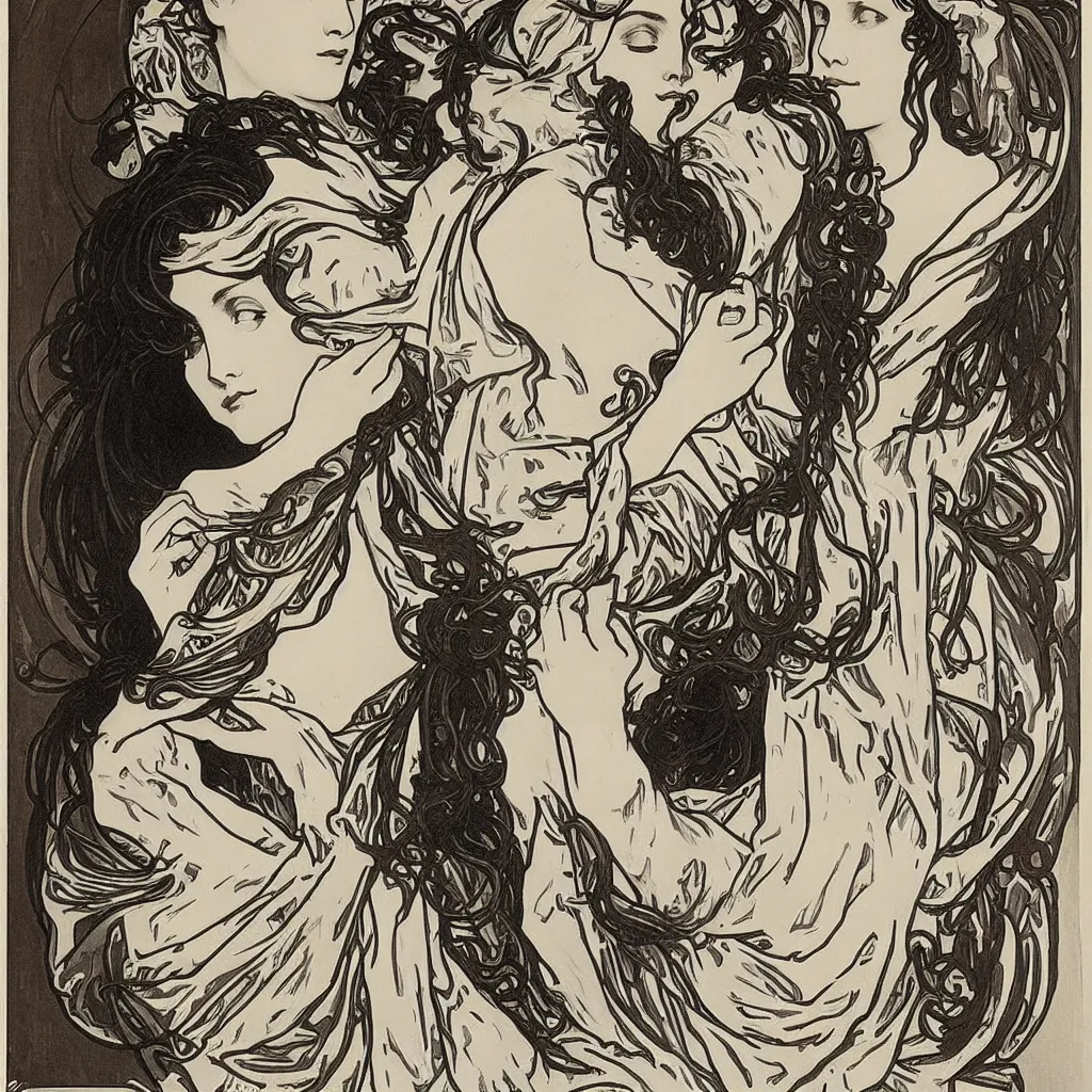 Image similar to monochromatic engraving by alphonse mucha and gustave klint