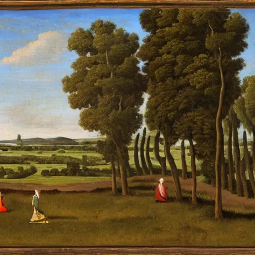 Prompt: a large shot of grassy fields separated by bushes, in the style of renaissance.