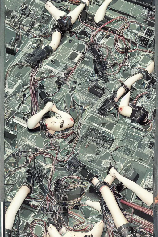 Image similar to a hyper-detailed magazine cover illustration of a group of four female androids' body pieces with cables and wires coming out, lying scattered over an empty floor, by masamune shirow and katsuhiro otomo, view from above, japan 1980s