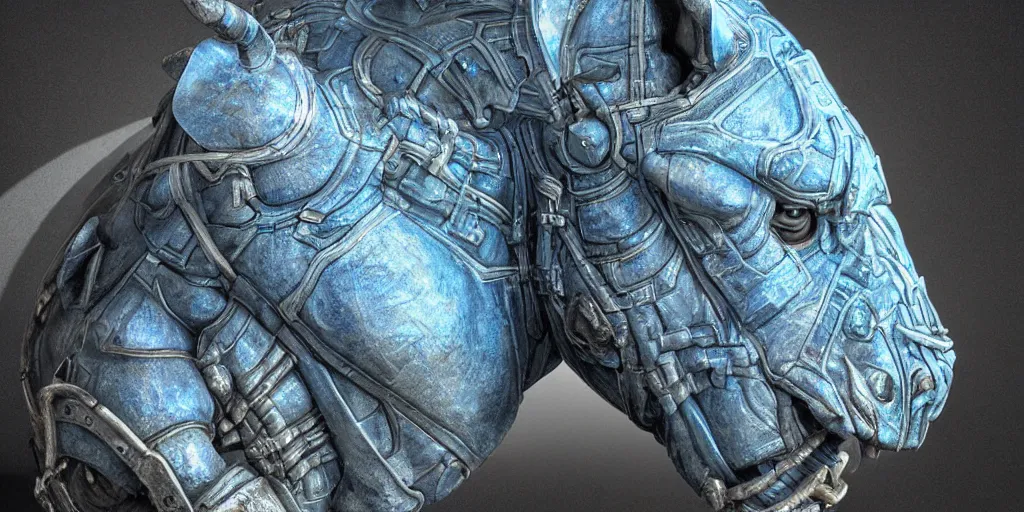 Image similar to hyperrealistic bust portrait of an anthropomorphic blue Rhinoceros wearing plate paladin armor, forward angle, stunning 3d render inspired art by P. Craig Russell and Barry Windsor-Smith + perfect facial symmetry + dim volumetric lighting, 8k octane beautifully detailed render, post-processing, extremely hyperdetailed, intricate complexity, epic composition, grim yet sparkling atmosphere, cinematic lighting + masterpiece, trending on artstation