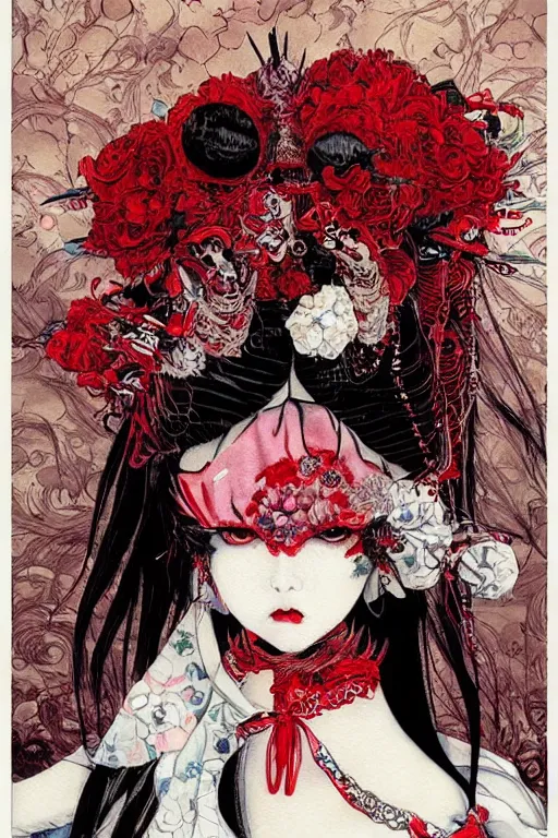 Image similar to watercolor painting of an avant - garde japanese cat geisha vampire queen in a victorian lolita fashion red dress in the style of lovecraftian horror painted by yoshitaka amano, takato yamamoto, ayami kojima, dmt art, symmetrical vogue face portrait, intricate detail, artstation, cgsociety, artgerm, rococo