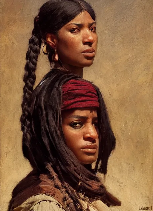 Prompt: maria igwe. Old west bounty hunter. Iranian orientalist portrait by john william waterhouse and Edwin Longsden Long and Theodore Ralli and Nasreddine Dinet, oil on canvas. Cinematic, hyper realism, realistic proportions, dramatic lighting, high detail 4k