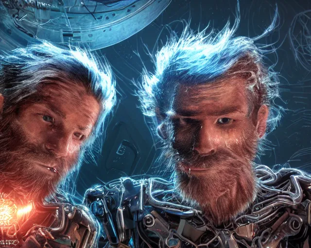 Image similar to realistic textured magnetosphere, beautiful hairy humanoids, love, joy, complex cybernetic beings, glowing hair, vortexes, large array, ornate hair, cinematic light shadows, wet hdr refractions, insanely detailed rendering, cybernetic civilizations, 8 k, * * * * *