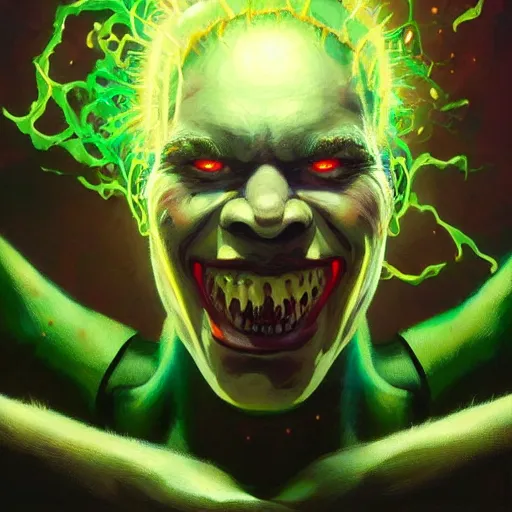 Prompt: 4k headshot of godlike Spawn from Macfarlane comics killing demon clowns with green fire by Craig Mullins, ilya kuvshinov, krenz cushart, epic , artgerm trending on artstation by Edward Hopper and Dan Mumford and WLOP and Rutkovsky, beksinski carl spitzweg moebius and tuomas kocar, intricate artwork by caravaggio, Unreal Engine 5, Lumen, Nanite