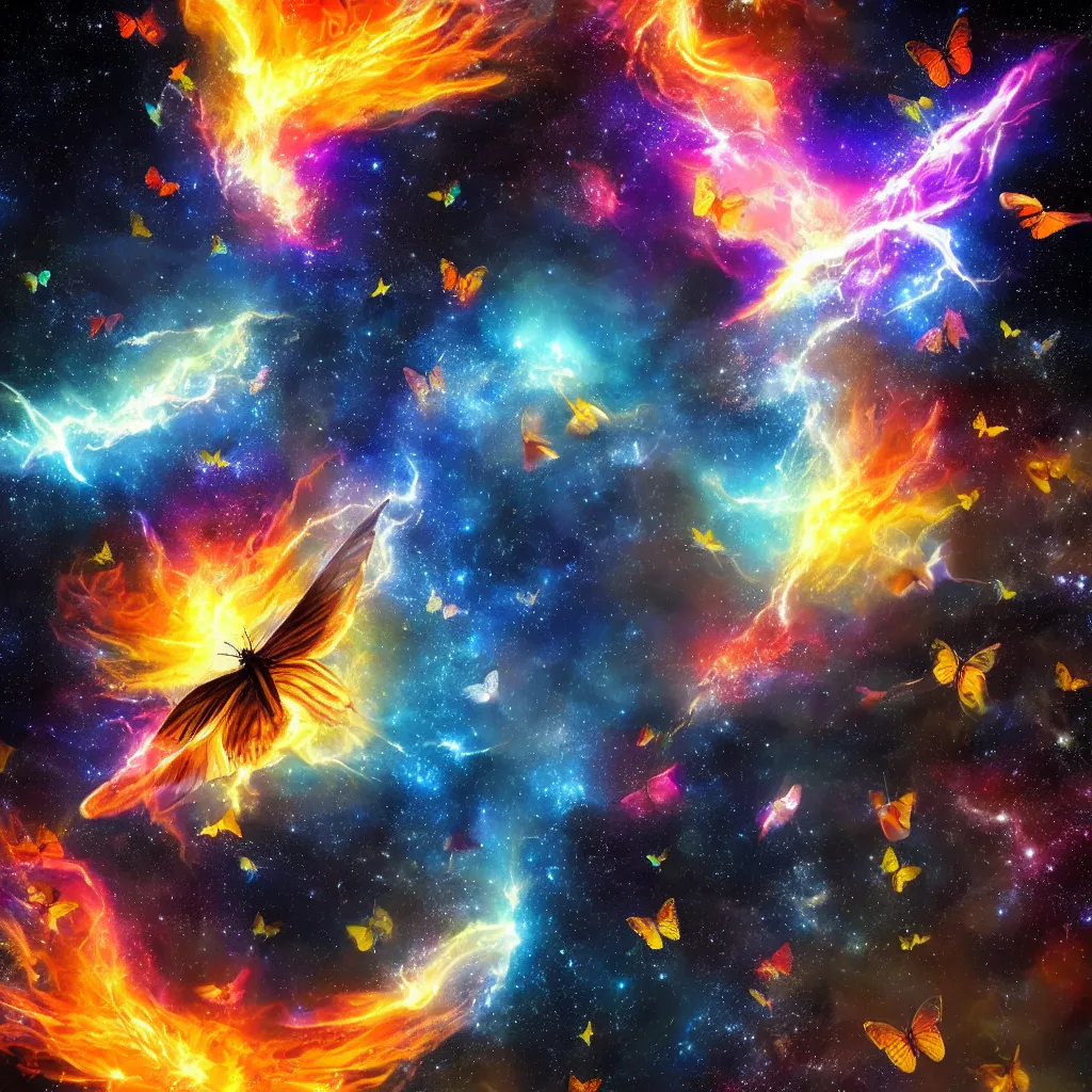 Prompt: Phoenix on galaxy, view from bottom, butterflies, lightning, shining,