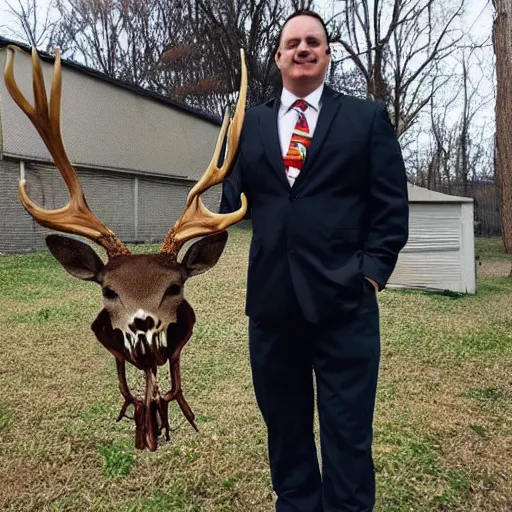 Prompt: a bible salesman with a deer skull for a head wearing a suit